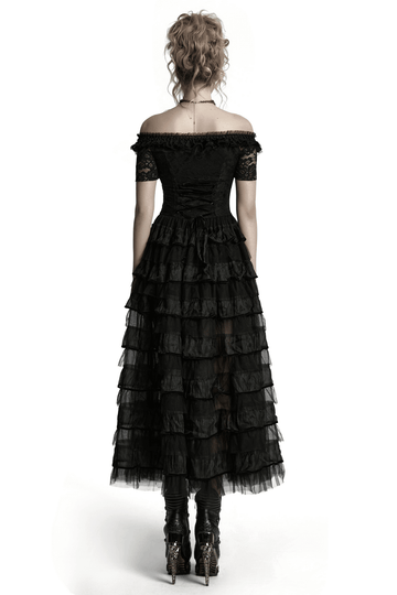 Chic Gothic Lace Dress with Layered Ruffled Chiffon Design